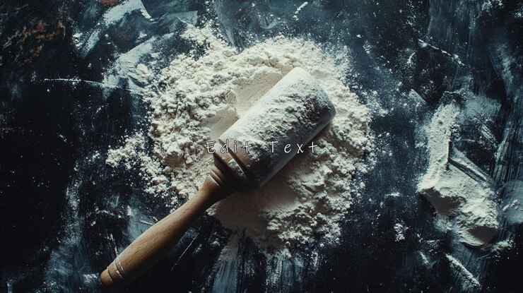 PSD wooden rolling pin in flour pile on dark background