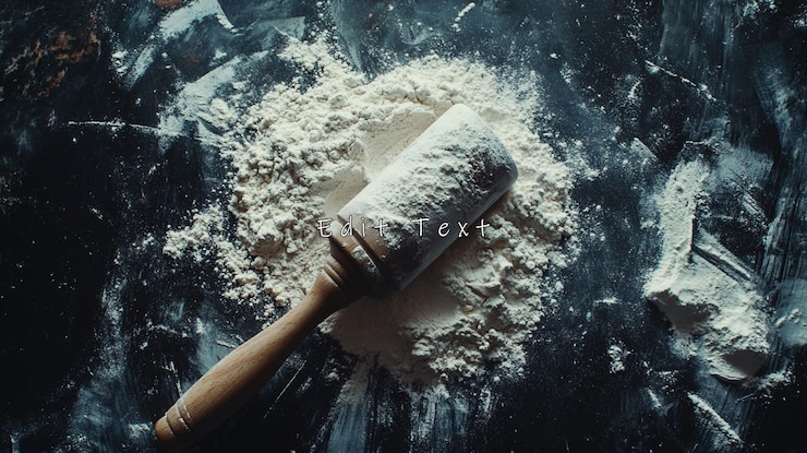 PSD wooden rolling pin in flour pile on dark background