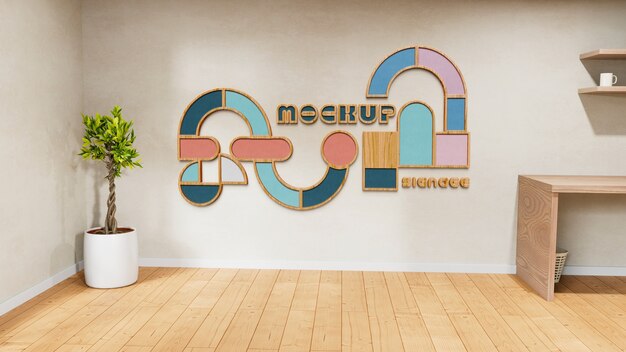 PSD wooden shapes on wall mockup