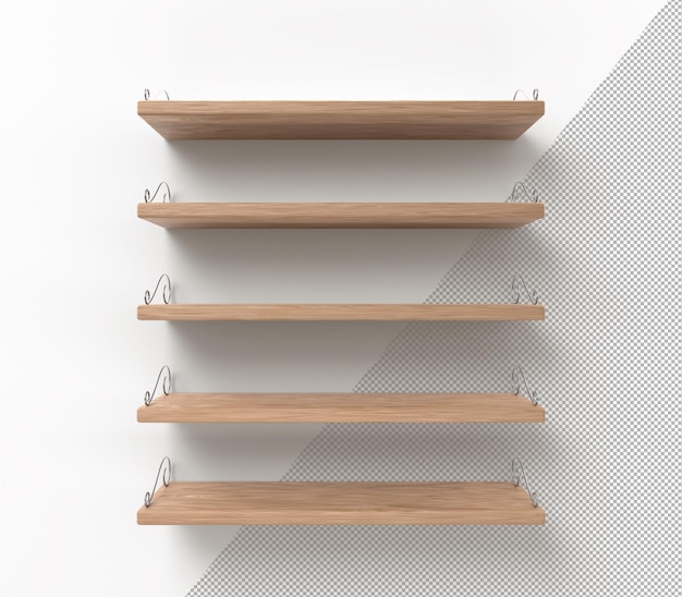 PSD wooden shelves with wrought iron monograms hanging on white wall blank racks or wood bookshelves of natural material interior design element for room decoration home furniture 3d illustration