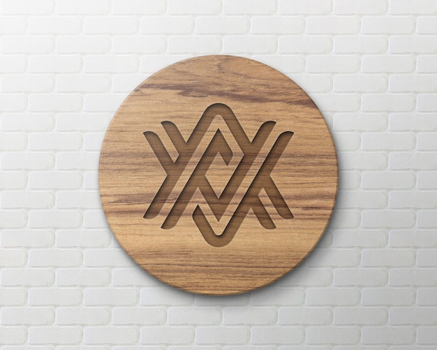 PSD wooden sign logo mockup on brick wall