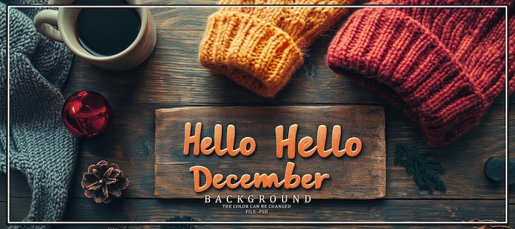 PSD 編み物の帽子を含む快適な冬の装飾に囲まれたテキストの木製のサイン hello december