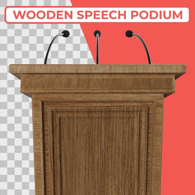 wooden speech podium with three small microphones attached on an isolated 3d render