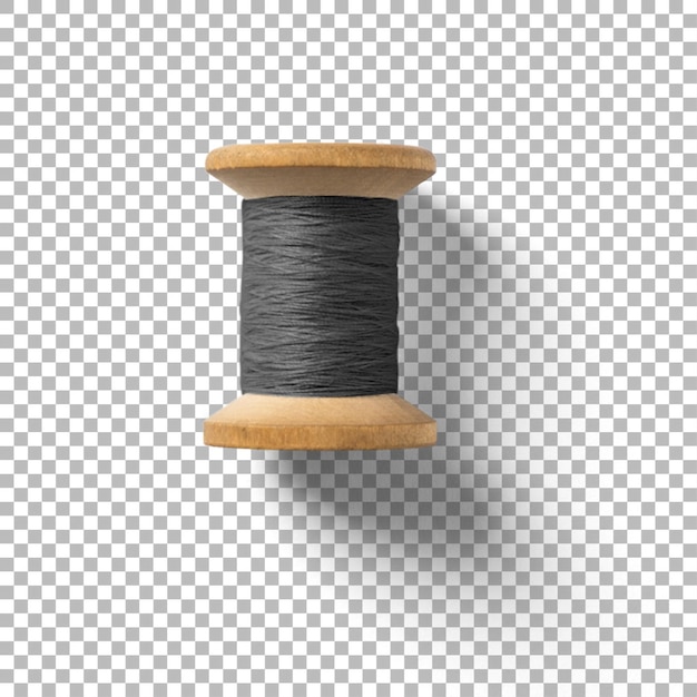 A wooden spool holding dark thread commonly used in sewing and crafting projects