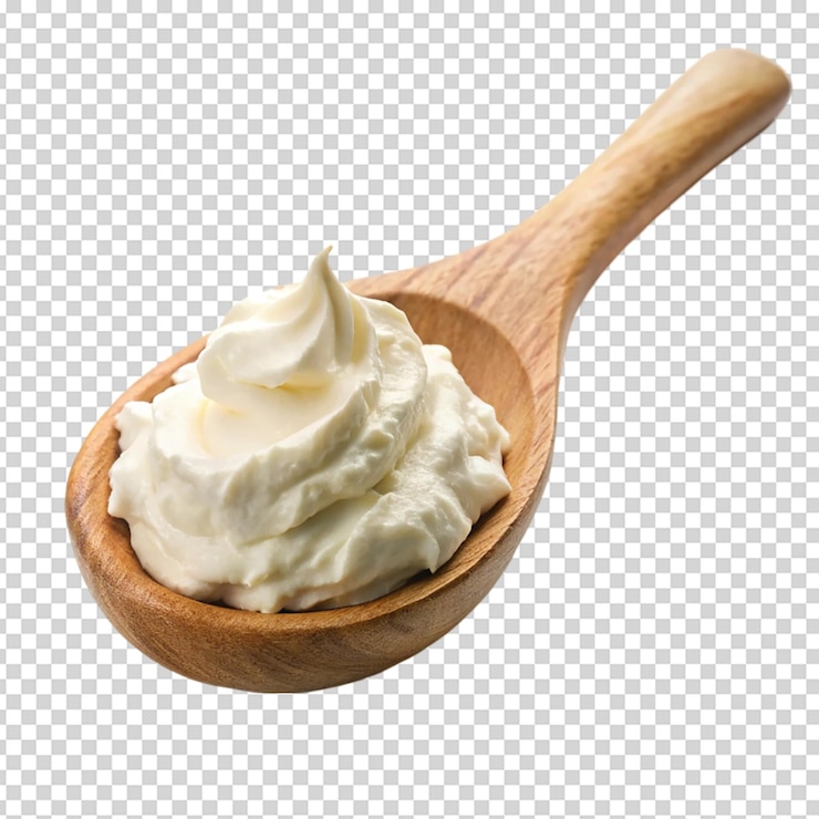 PSD wooden spoon of whipped mascarpone cream cheese isolated white background