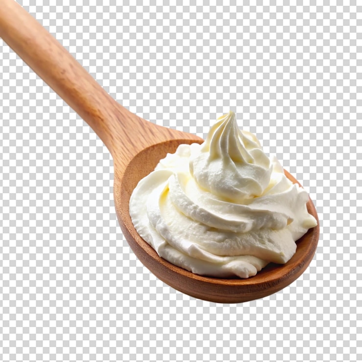 PSD wooden spoon of whipped mascarpone cream cheese isolated white background