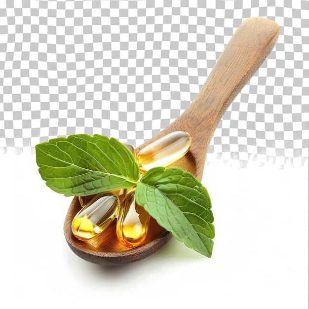 PSD a wooden spoon with a bottle of mint leaves on it