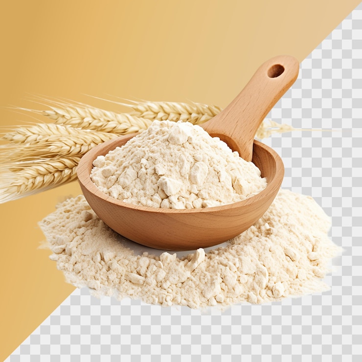 PSD wooden spoon with oats bowl and wheat ears isolated on transparent background