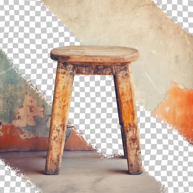 Wooden stool made by hand against aged wall backdrop