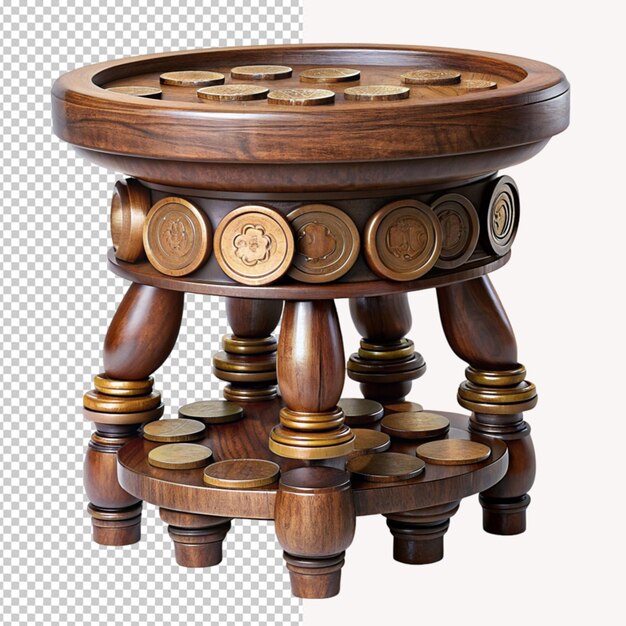 Wooden stool with coins on transparent background