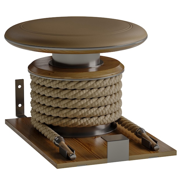 A wooden stool with a rope around it