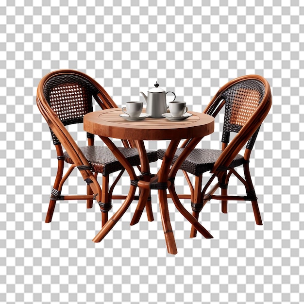 PSD wooden table and chairs with coffee cup on transparent background