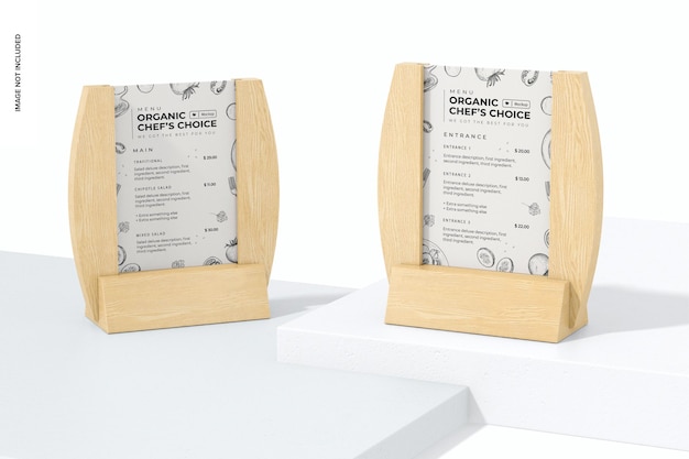 Wooden table menu holders mockup