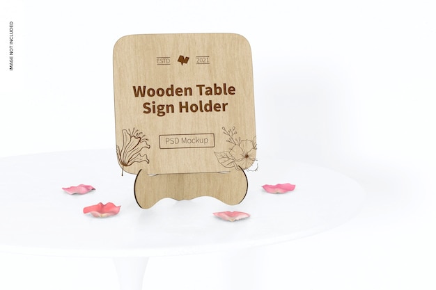 Wooden table sign holder mockup