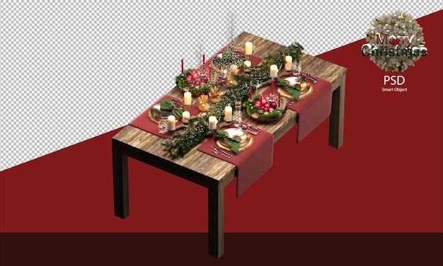 Tavolo in legno con decorazioni natalizie vista isometrica del percorso di ritaglio delle decorazioni natalizie