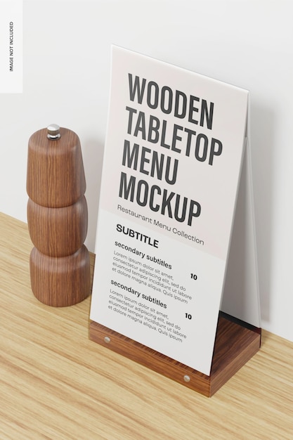 PSD wooden tabletop menu mockup, perspective