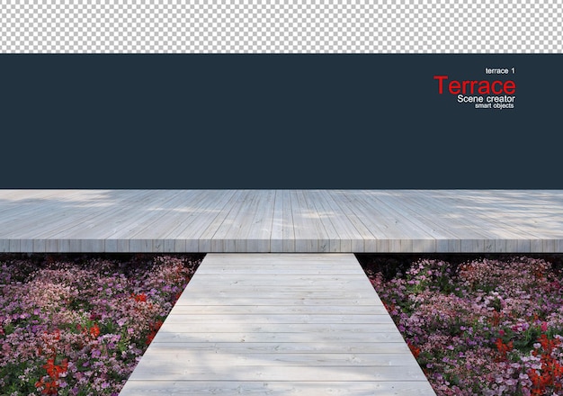 PSD wooden terraces decorated with flower and plant gardens