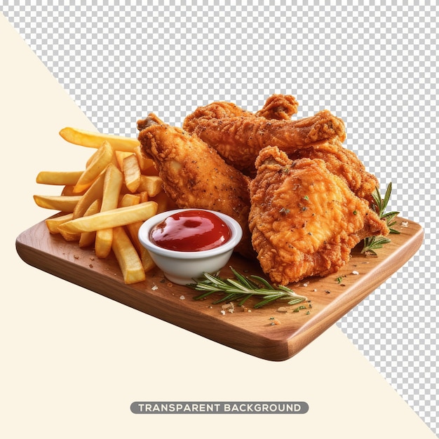 PSD a wooden tray with fried chicken and fries on it.