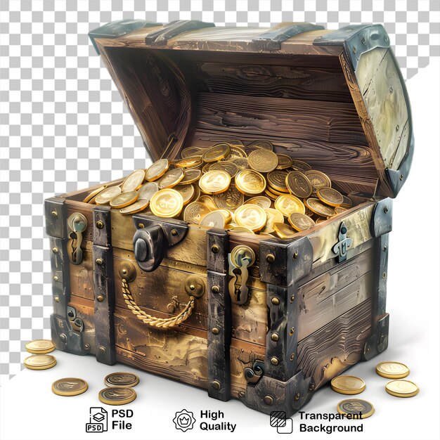 PSD a wooden trunk with gold coins png file no background