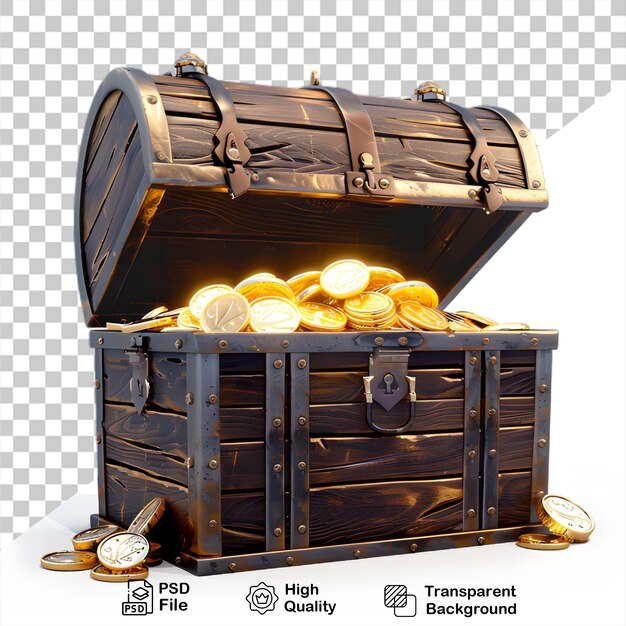 A wooden trunk with gold coins png file no background