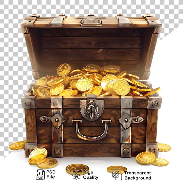 PSD a wooden trunk with gold coins png file no background