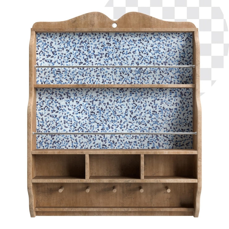 PSD wooden wall shelf with mosaic backing and hooks