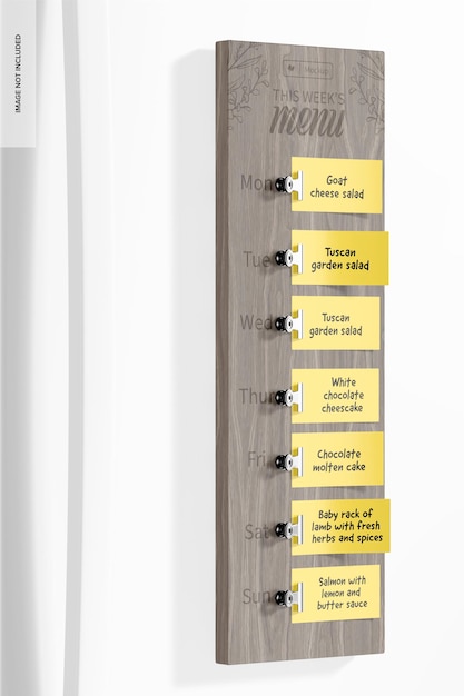 Wooden weekly menu mockup, perspective view