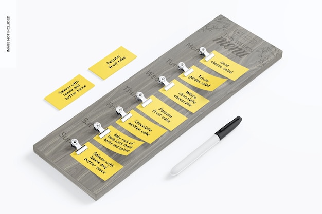 Wooden weekly menu with pen mockup