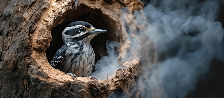 PSD woodpecker in a smoky tree