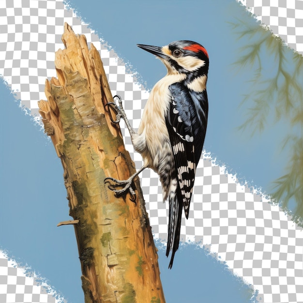 PSD woodpecker with hair climbs tree trunk