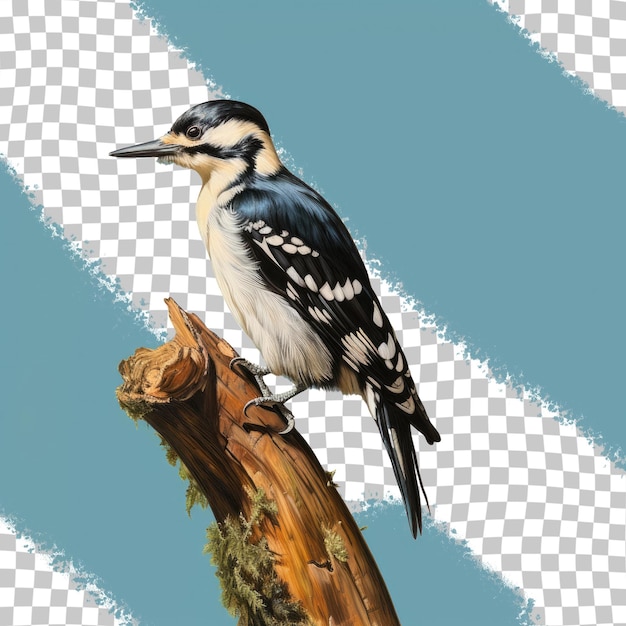 PSD woodpecker with hair climbs tree trunk