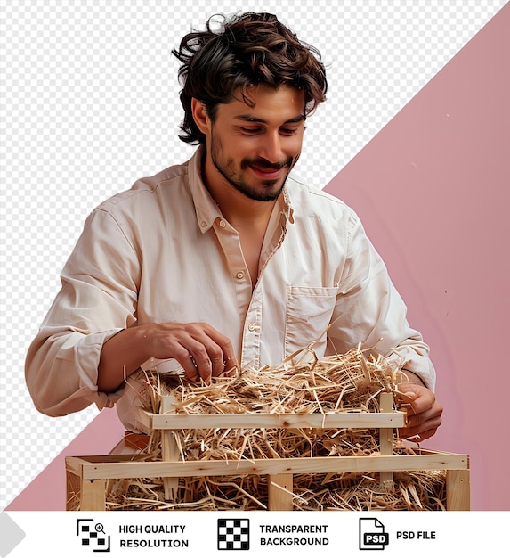 PSD woodworker enjoying the straw box assembly process in front of a pink wall wearing a white shirt and brown hair with a hand visible in the foreground png