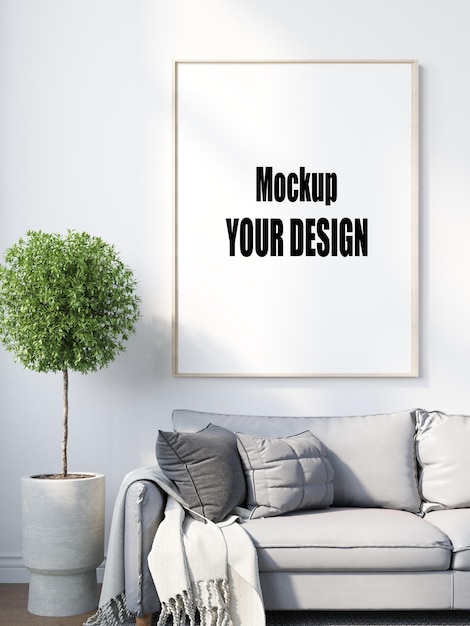 Woonkamer met canvas frame poster mockup interieur scandinavische stijl 3d render