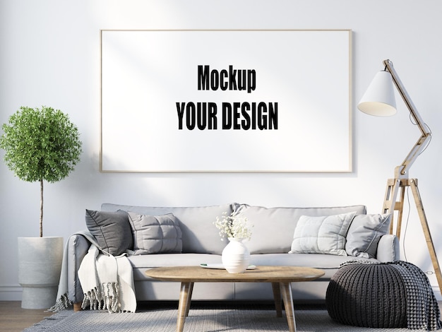 Woonkamer met canvas frame poster mockup interieur Scandinavische stijl 3d render