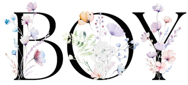 word boy made with pastel pink watercolor flowers and leaves isolated baby shower illustration