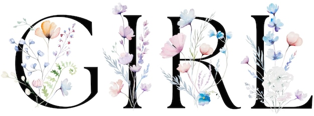 word girl made with pastel pink watercolor flowers and leaves isolated baby shower illustration