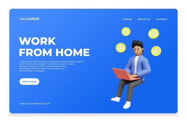 Работа из дома для домашней страницы целевой страницы 3d рендеринг premium psd