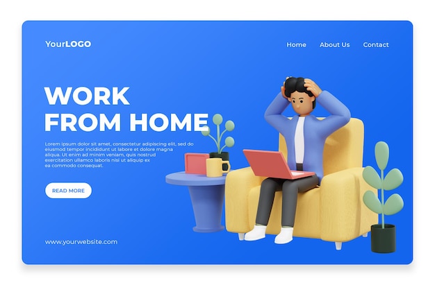 PSD ランディングページのホームページの3dレンダリングプレミアムpsdのために自宅で仕事をする