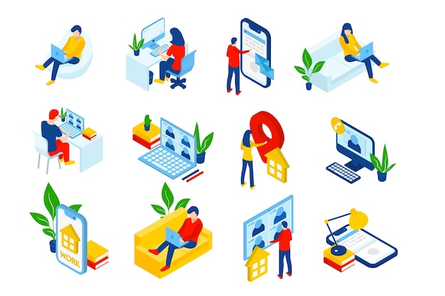 Work from home isometric psd icons