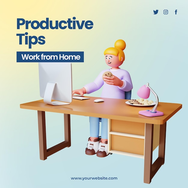 work from home productive tips post template with 3d render character working on dekstop