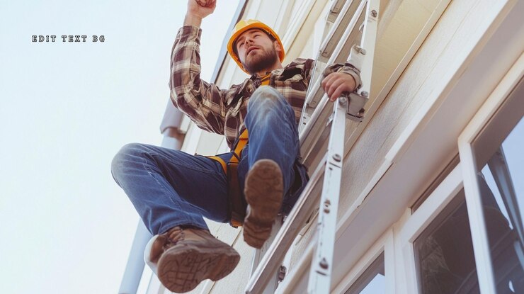 PSD worker ascending a ladder wearing safety gear during exterior building maintenance