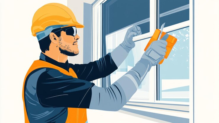 PSD worker cleaning window wearing safety gear