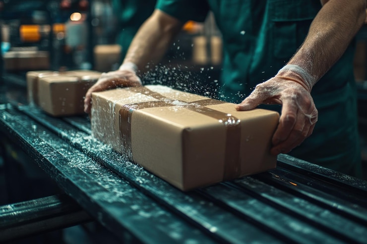 PSD worker hands placing package on conveyor belt in a warehouse