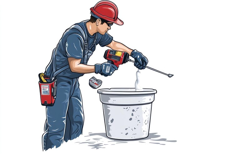 PSD worker mixing material in bucket using cordless drill