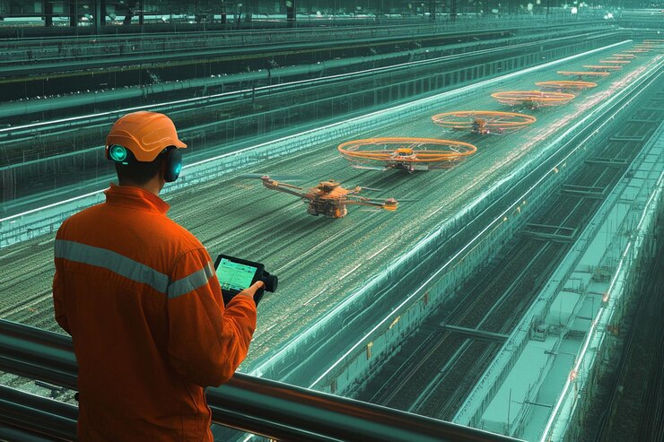 PSD worker monitoring drones in futuristic factory