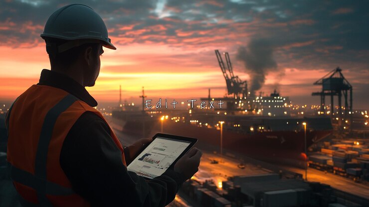 PSD worker reviewing data on tablet at sunset port