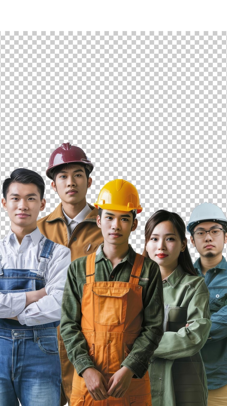 PSD 穿著各種制服和頭盔的工人團隊