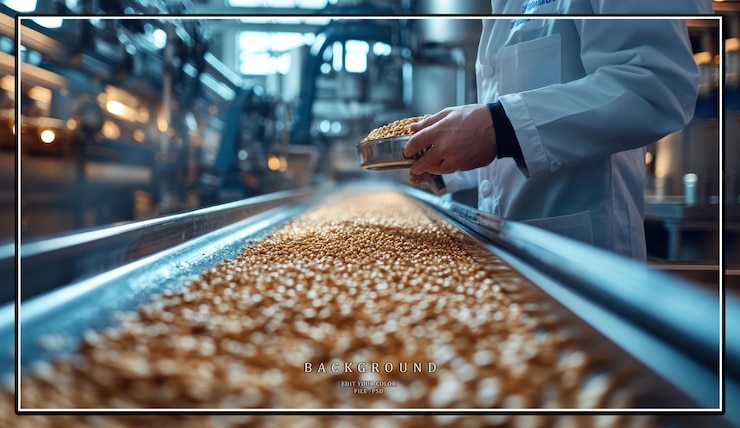PSD a worker in a white lab coat inspects a conveyor belt full of go