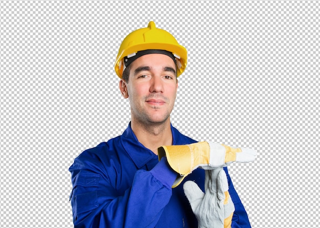 PSD worker with break time gesture on white background