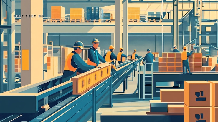 PSD workers on assembly line in large warehouse packaging and moving boxes